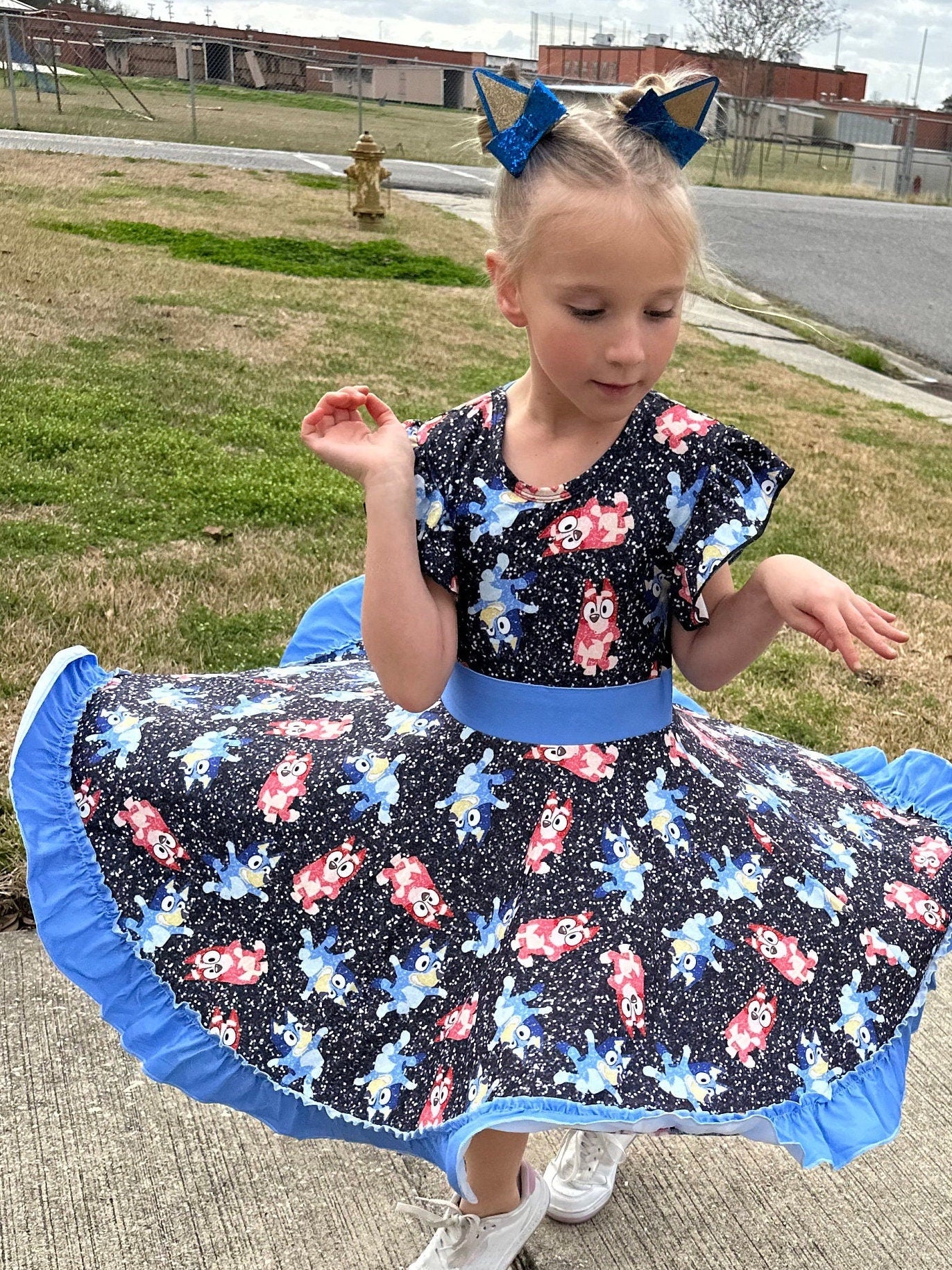 Blue Dog and Friend Bow Back Twirl Dress