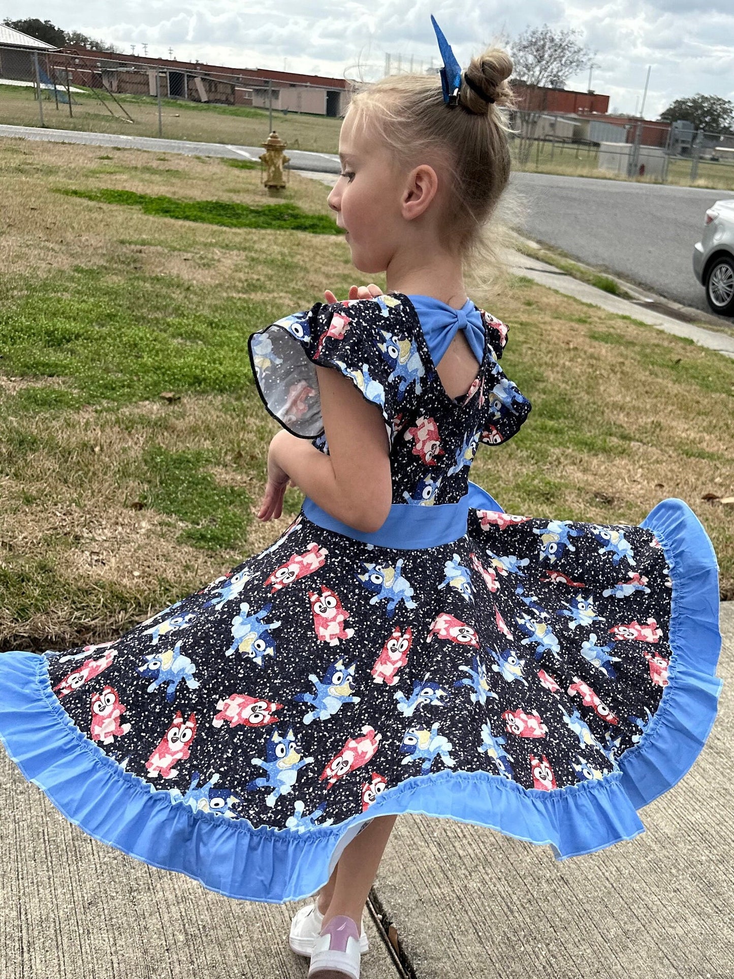 Blue Dog and Friend Bow Back Twirl Dress