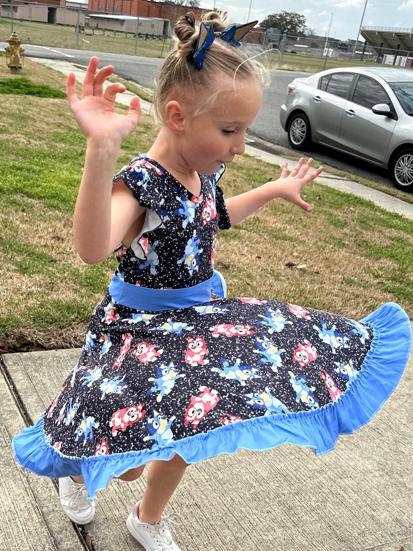 Blue Dog and Friend Bow Back Twirl Dress