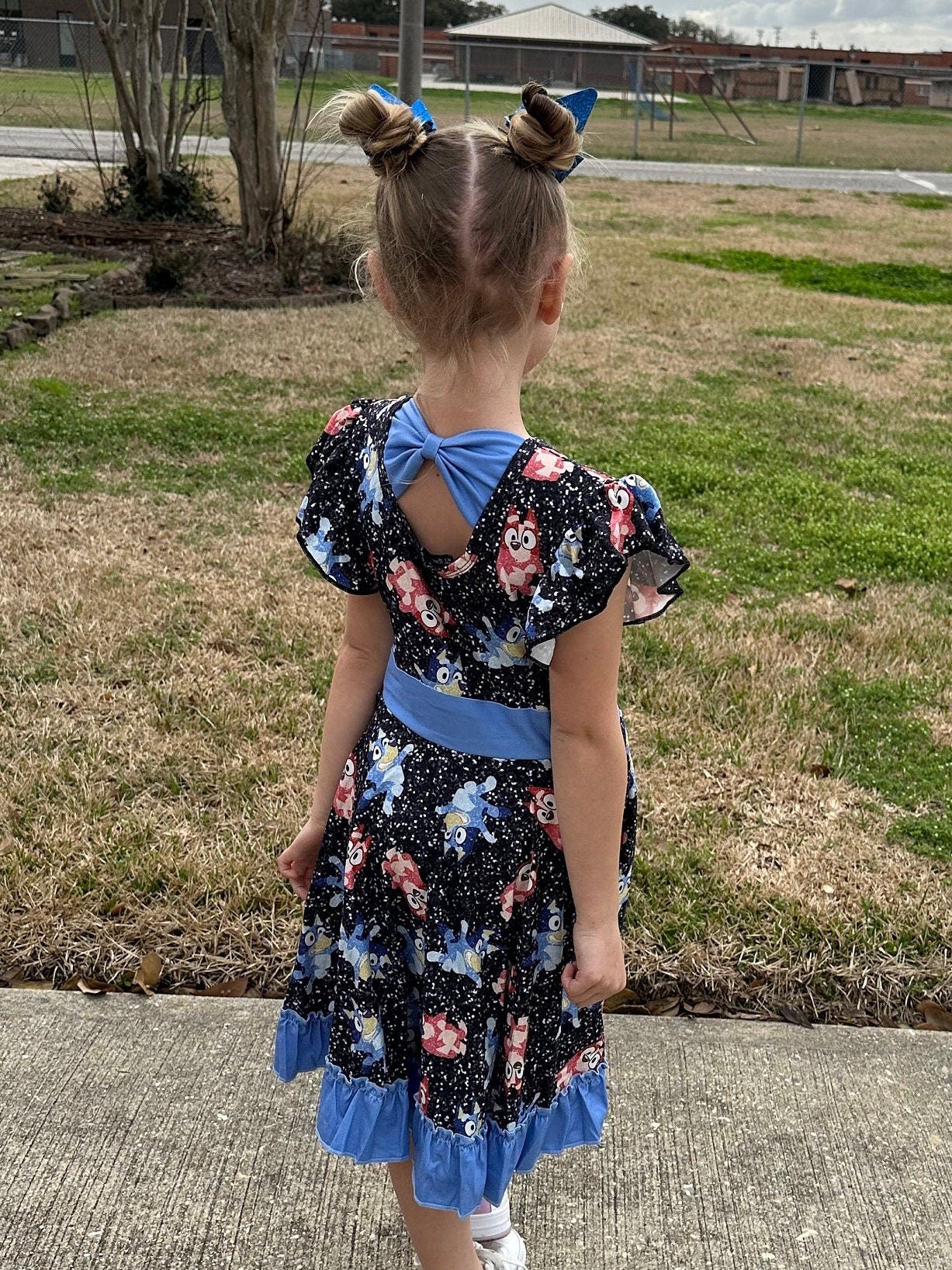 Blue Dog and Friend Bow Back Twirl Dress