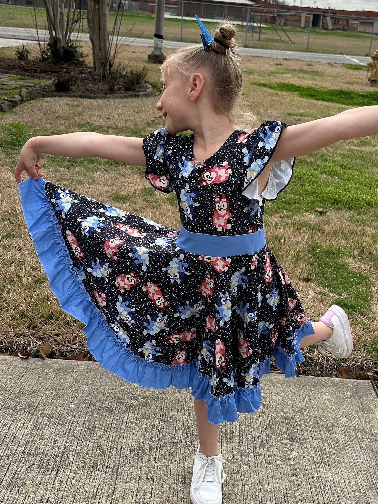 Blue Dog and Friend Bow Back Twirl Dress