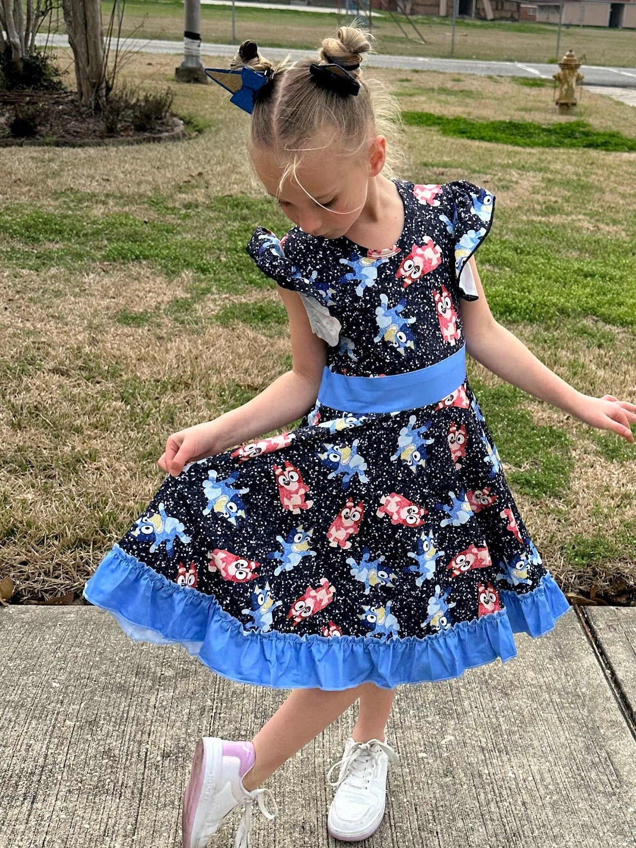 Blue Dog and Friend Bow Back Twirl Dress