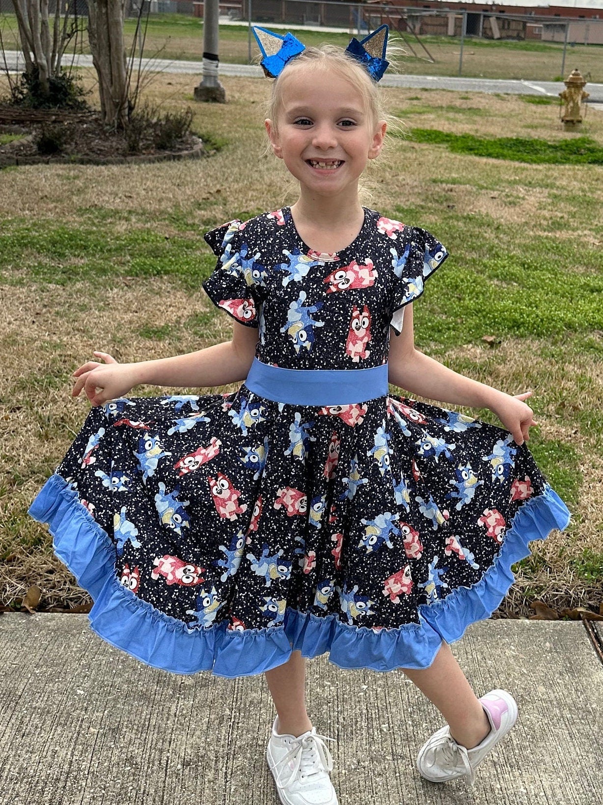 Blue Dog and Friend Bow Back Twirl Dress