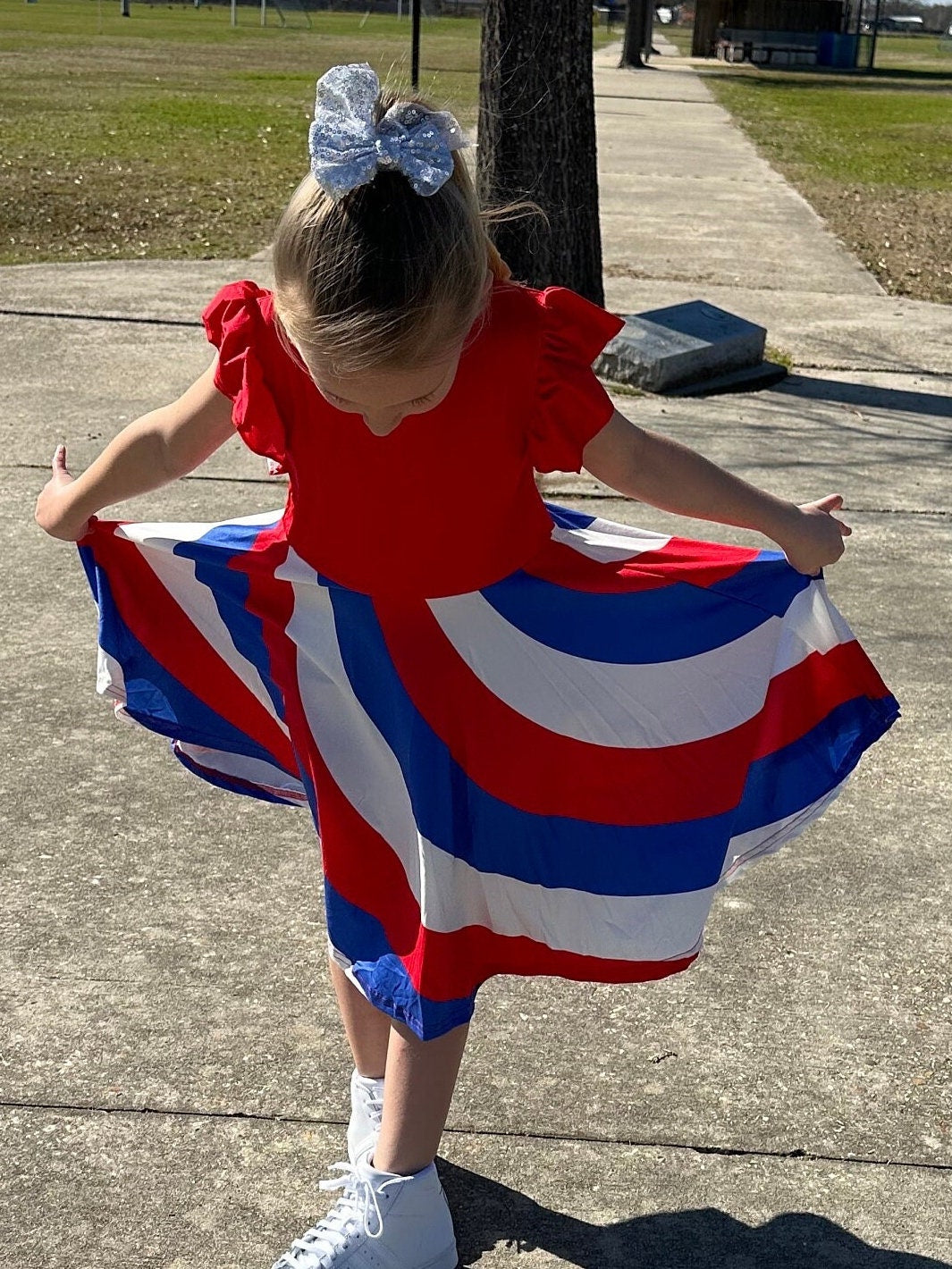 Red white and blue swirling twirl dress