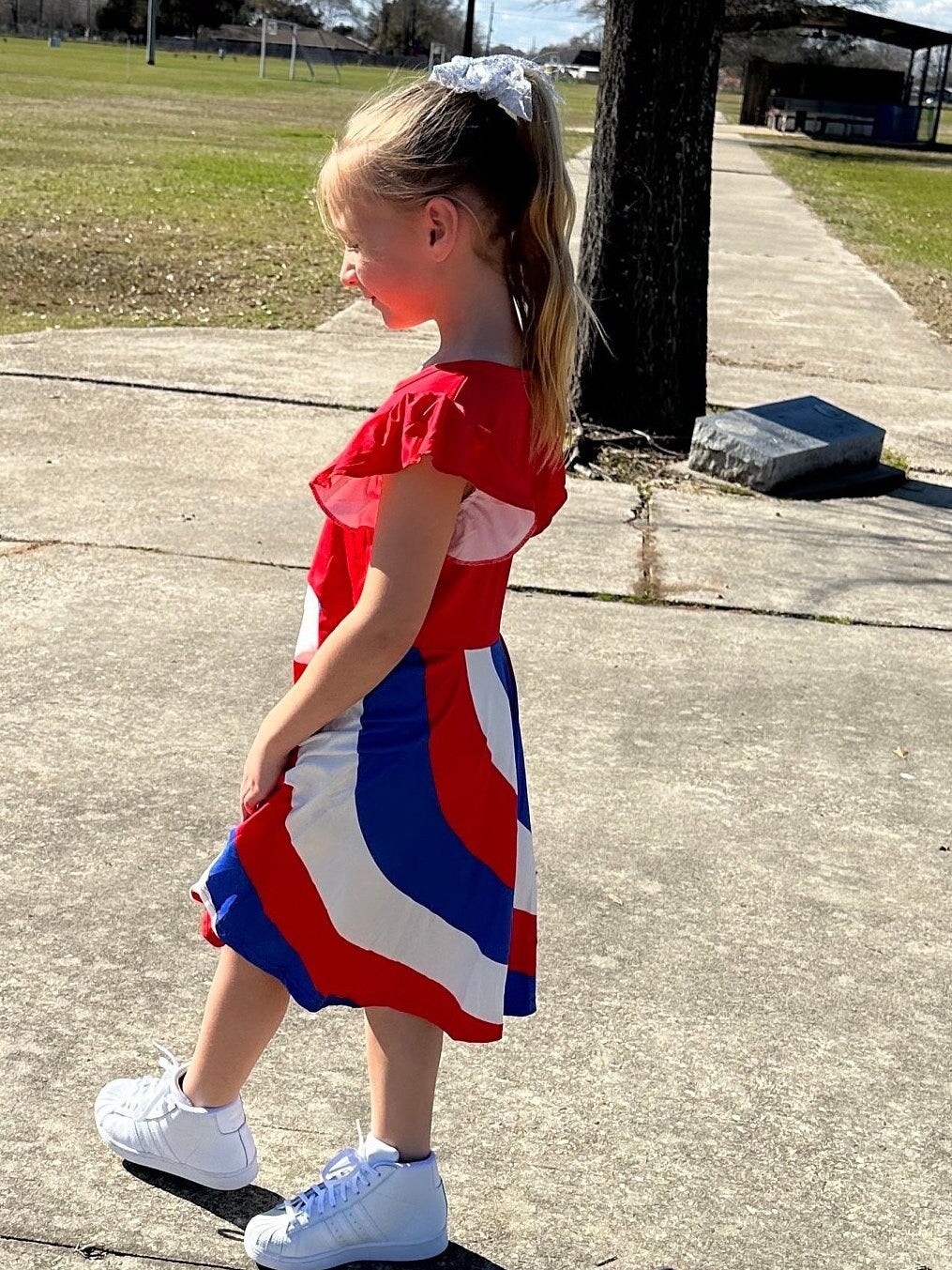 Red white and blue swirling twirl dress