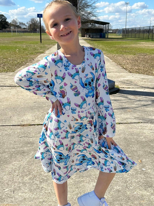 Long sleeve Blue Alien Bow Back Twirl Dress