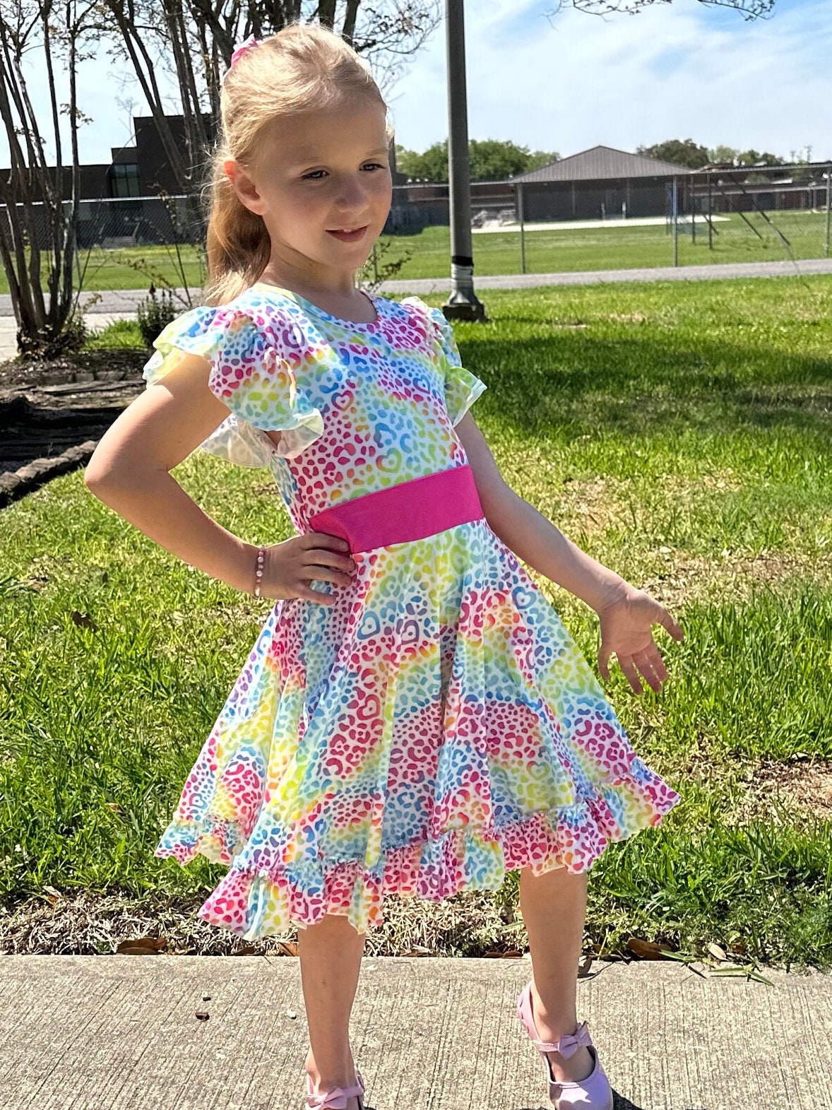 Rainbow Heart Cheetah Twirl Dress