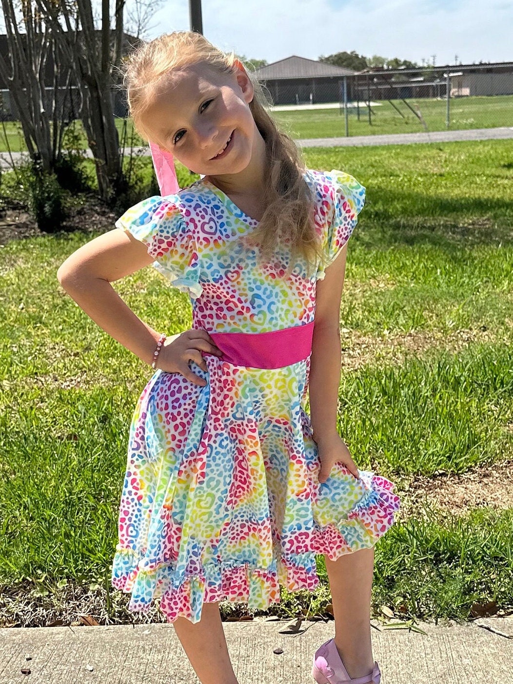 Rainbow Heart Cheetah Twirl Dress