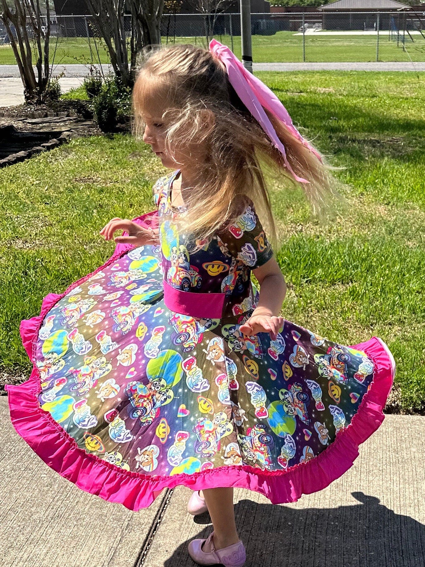 rainbow Blue Dog and friend twirl dress