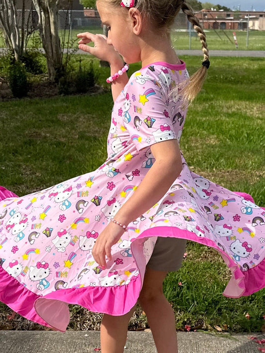 Kawaii Kitty and rainbows twirl dress