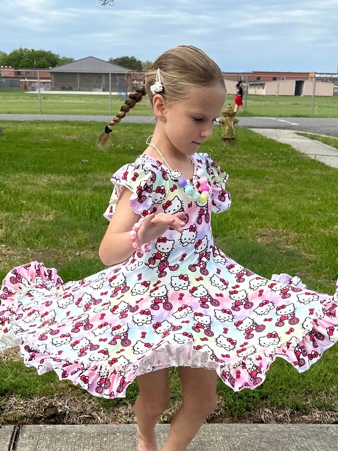 Pastel kawaii kitty and bikes twirl dress