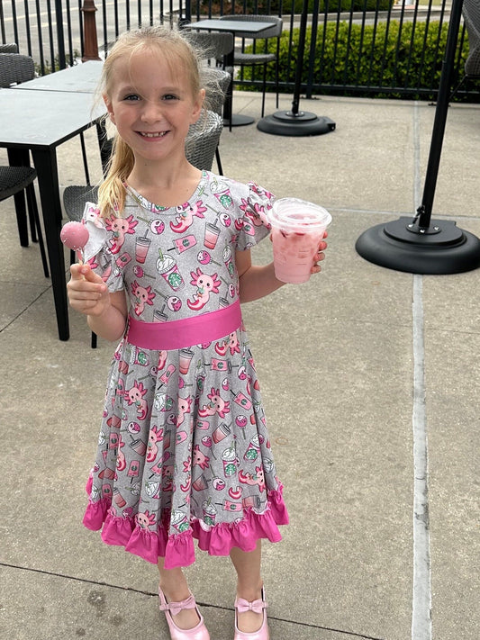 Grey axolotl and cups twirl dress