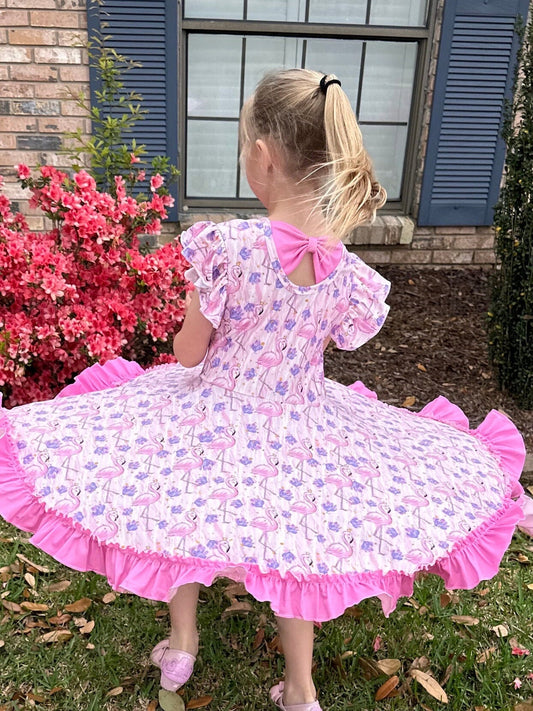 flamingo floral bow back twirl dress