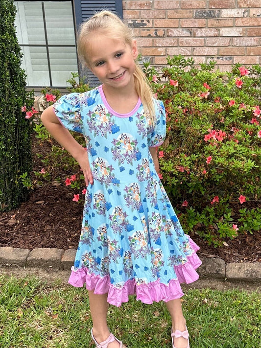 Floral Butterfly Blue Dog Twirl Dress