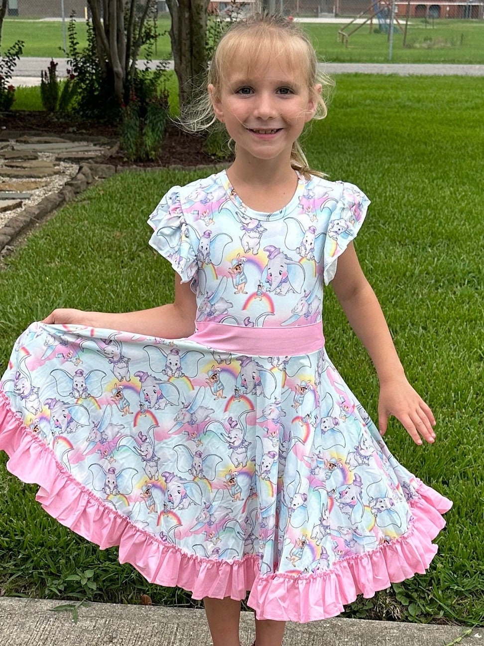 Flying Elephant Bow Back Twirl Dress