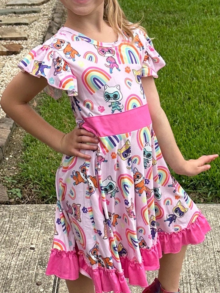 Super Hero Kitties and Rainbows bow back twirl dress