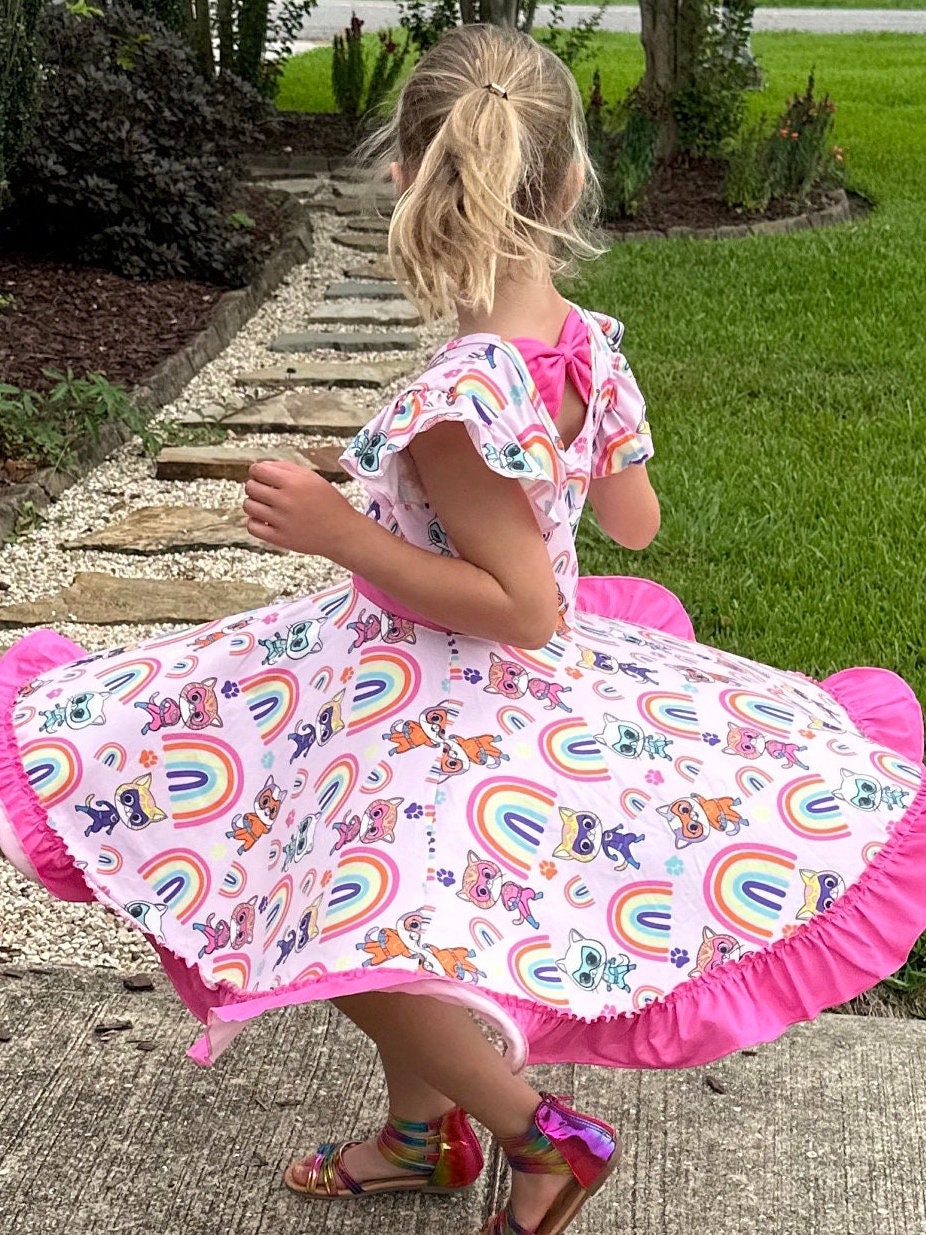 Super Hero Kitties and Rainbows bow back twirl dress