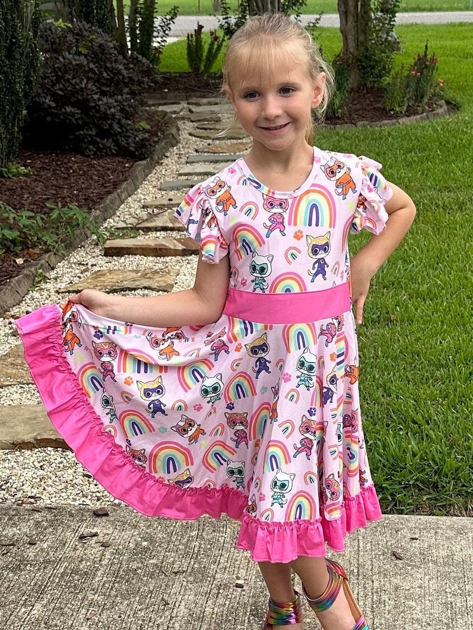 Super Hero Kitties and Rainbows bow back twirl dress