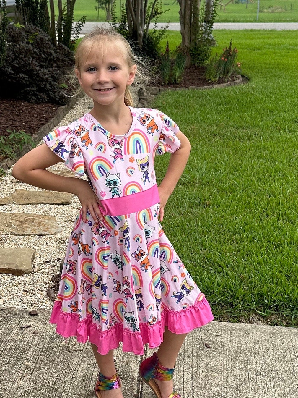 Super Hero Kitties and Rainbows bow back twirl dress