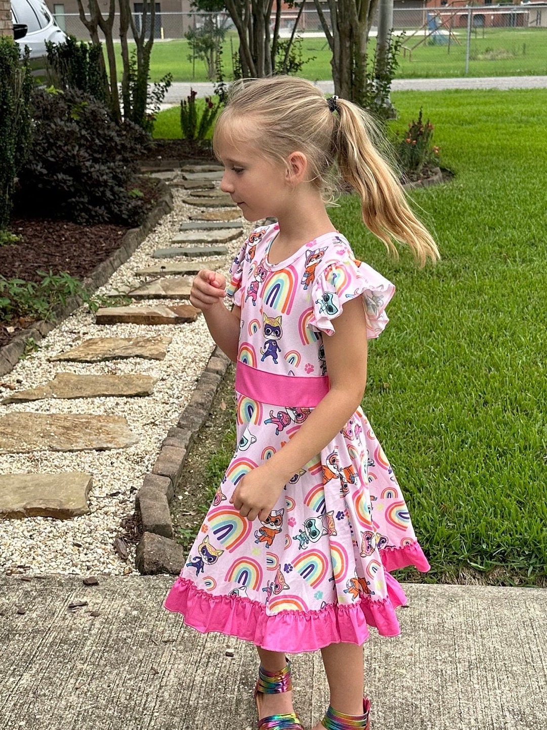 Super Hero Kitties and Rainbows bow back twirl dress