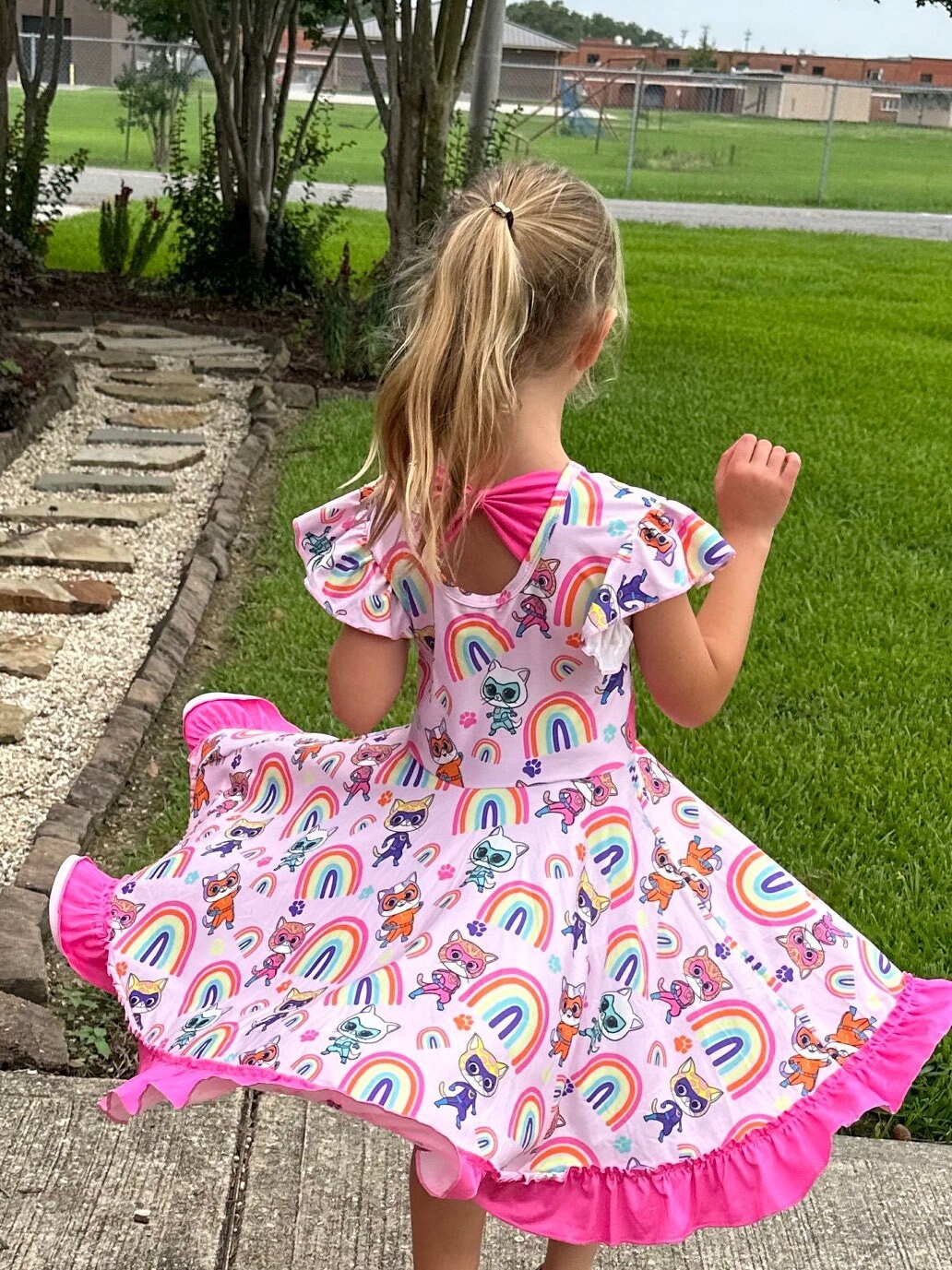 Super Hero Kitties and Rainbows bow back twirl dress