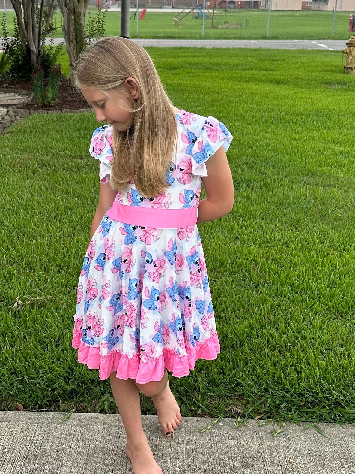 Blue and Pink Alien Bow Back Twirl Dress