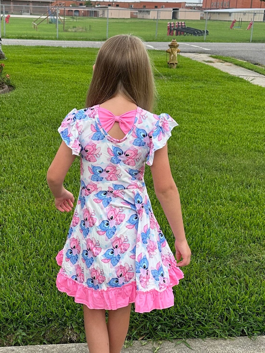 Blue and Pink Alien Bow Back Twirl Dress