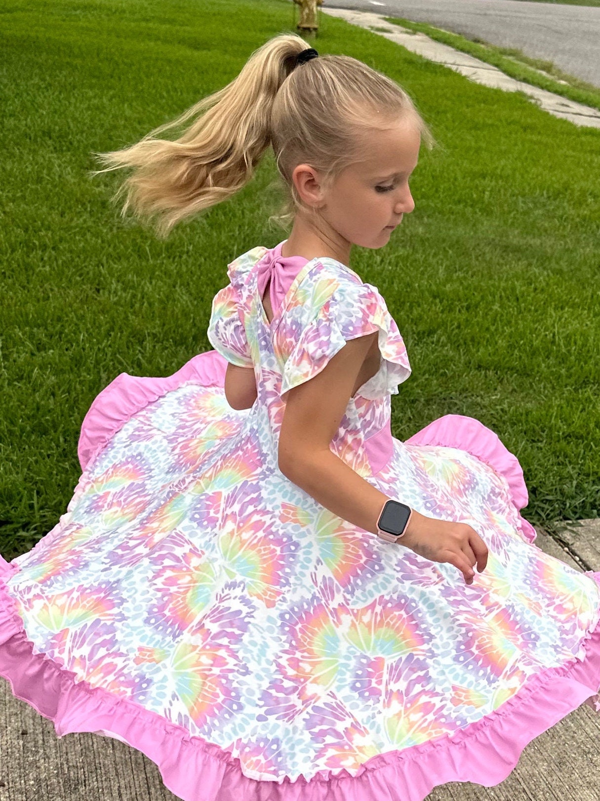 Tie Dye Butterfly Bow Back Twirl Dress