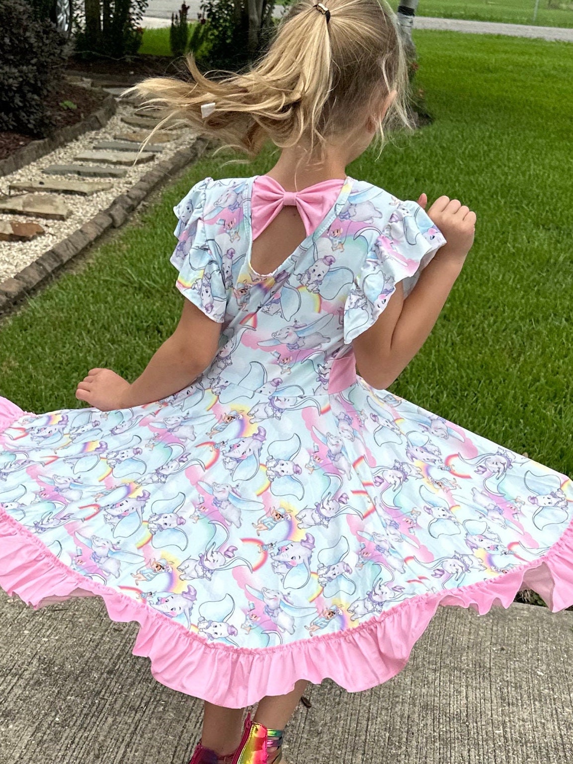 Flying Elephant Bow Back Twirl Dress