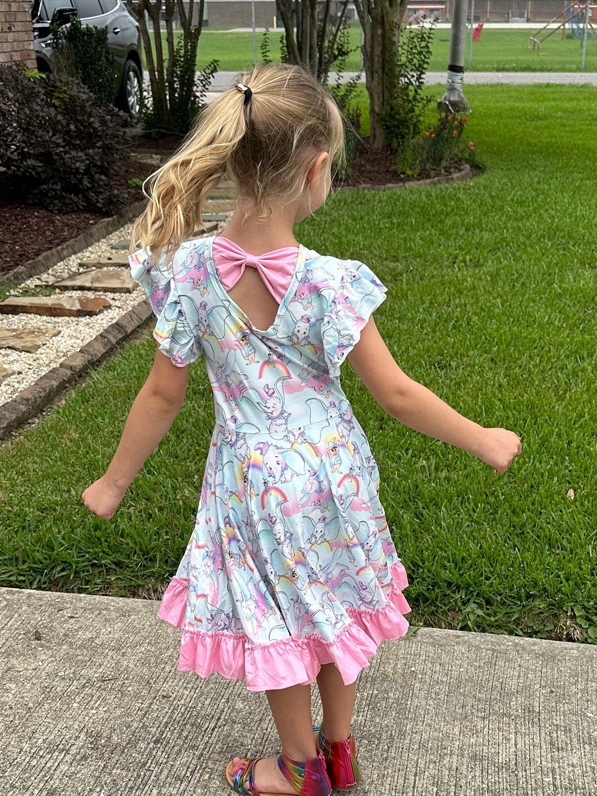 Flying Elephant Bow Back Twirl Dress