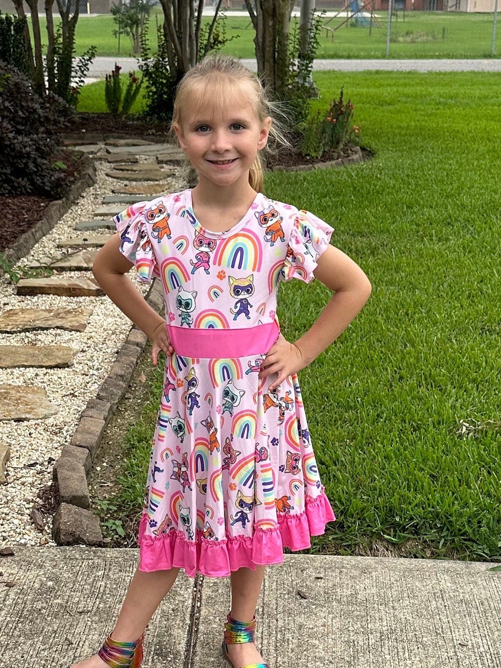 Super Hero Kitties and Rainbows bow back twirl dress