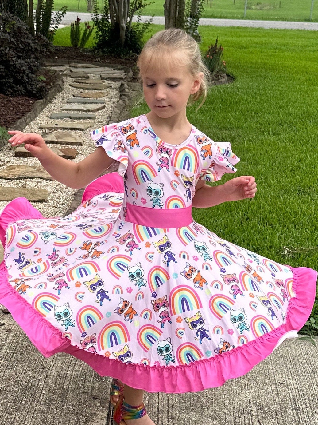 Super Hero Kitties and Rainbows bow back twirl dress