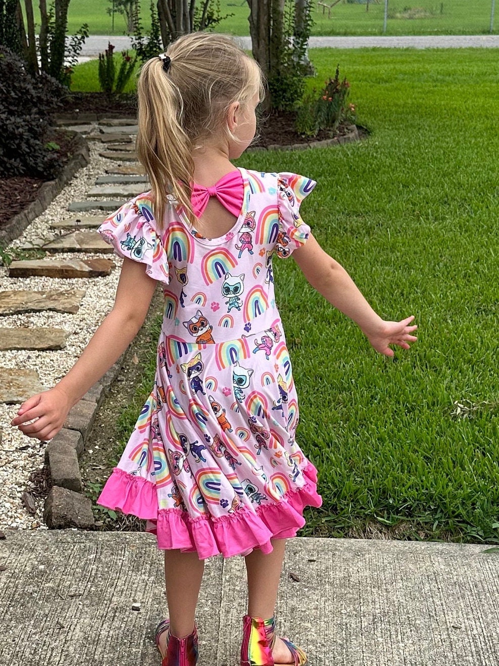 Super Hero Kitties and Rainbows bow back twirl dress