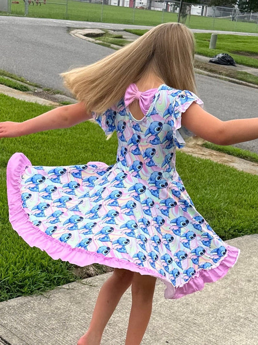 Pastel Blue Alien Bow Back Twirl Dress