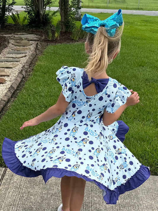 Blue Dog Bow Back Twirl Dress With Shorts