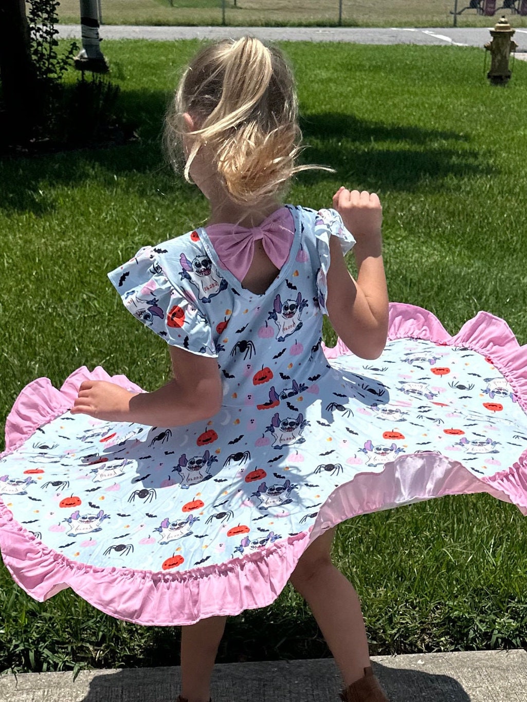 Blue Alien Halloween Bow Back Twirl Dress