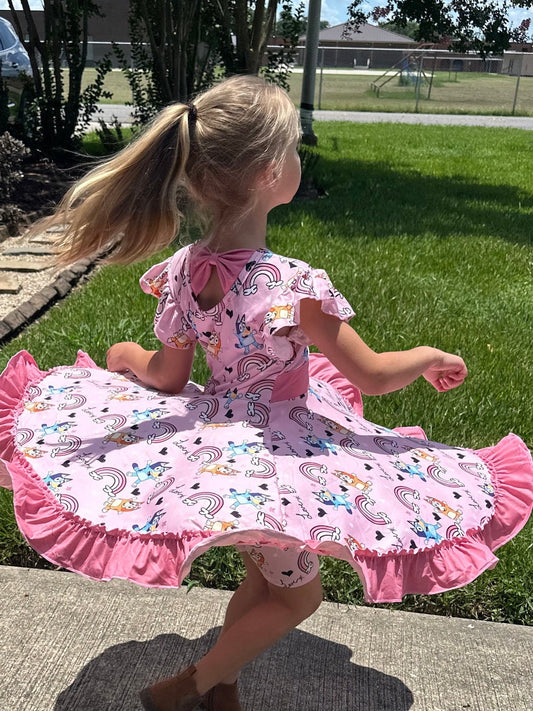 Pink Blue Dog and Rainbows Twirl dress with shorts