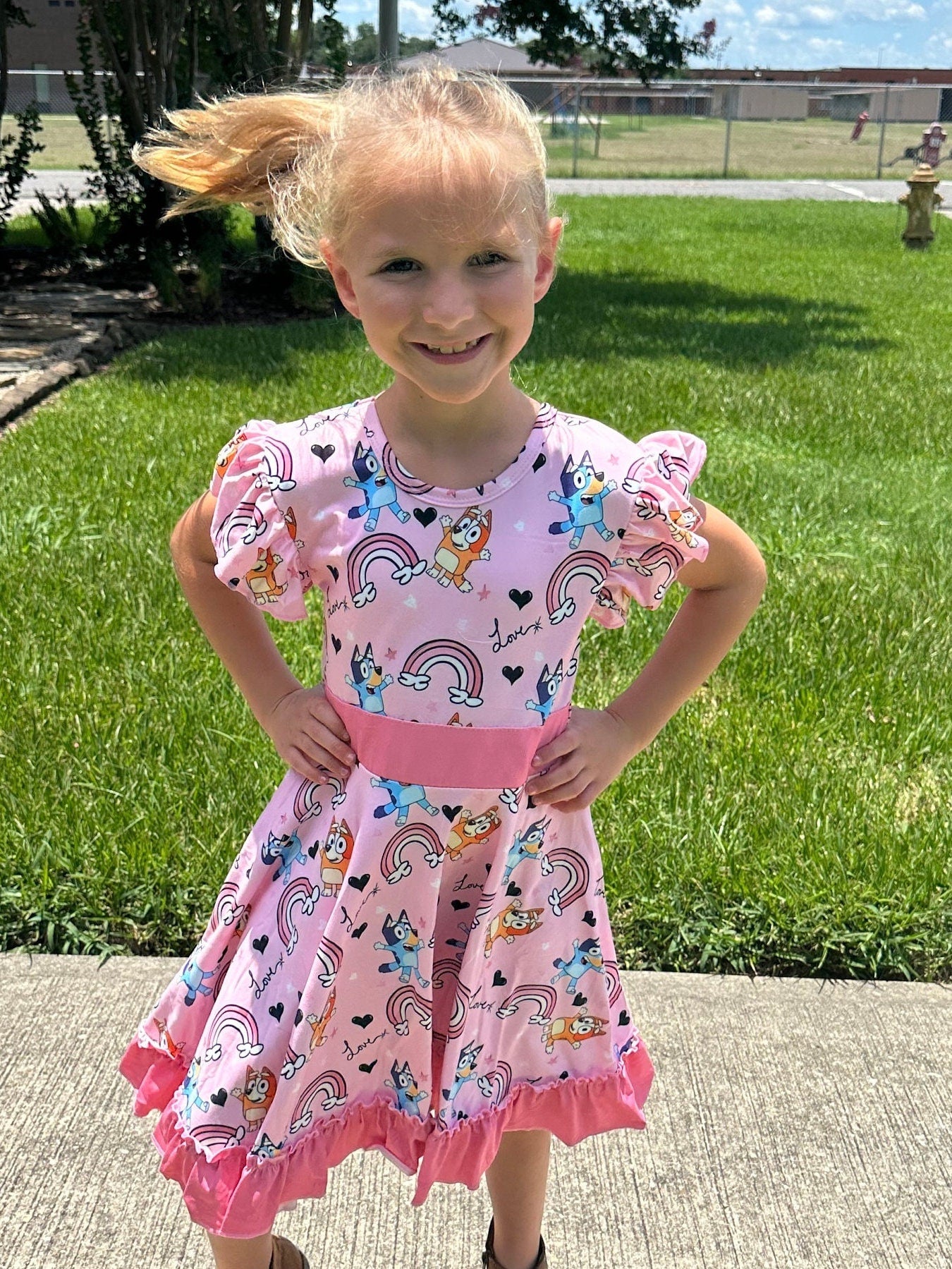 Pink Blue Dog and Rainbows Twirl dress with shorts