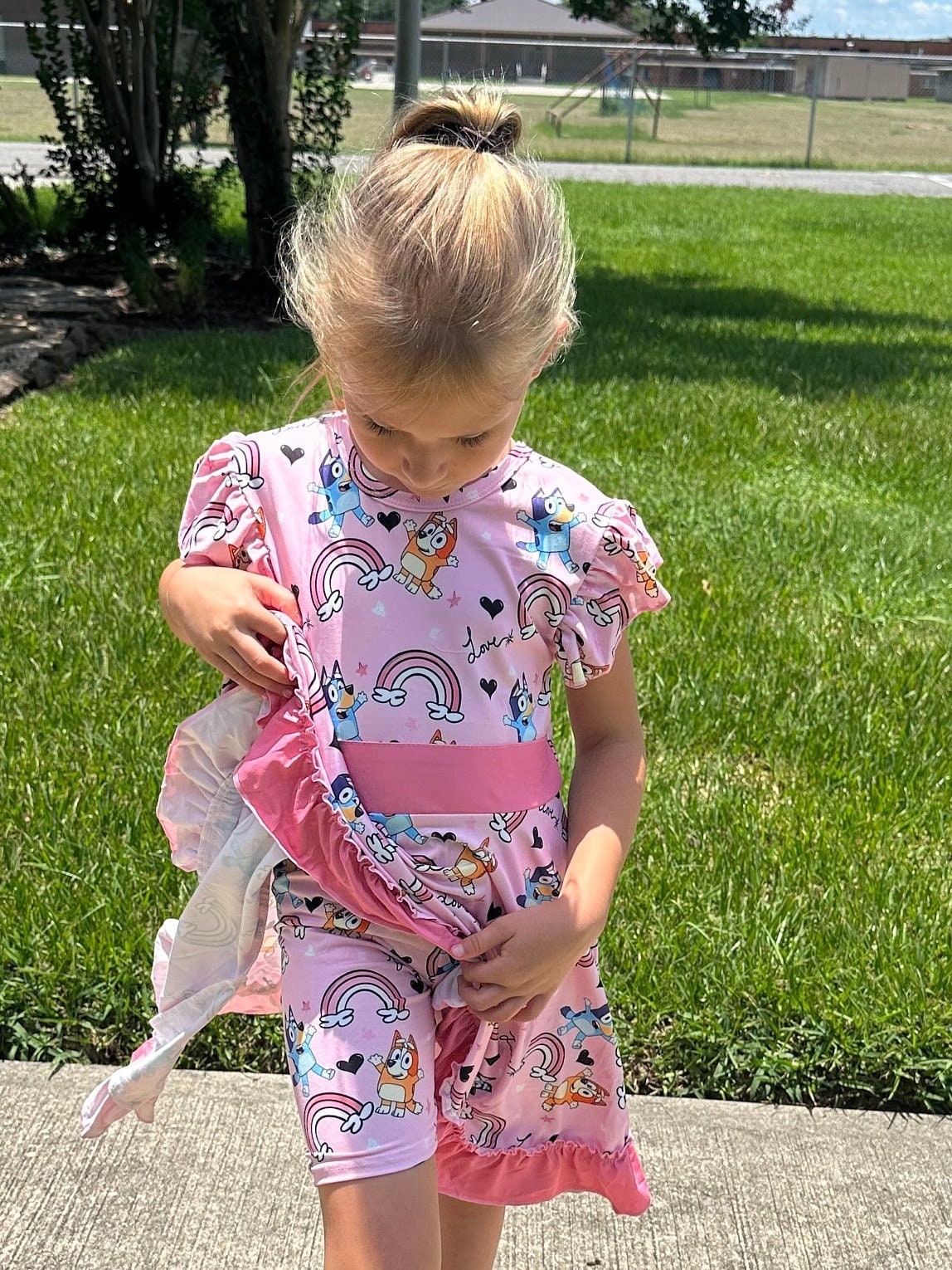 Pink Blue Dog and Rainbows Twirl dress with shorts