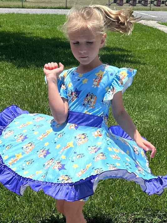 Blue dog and stars bow back twirl dress with shorts