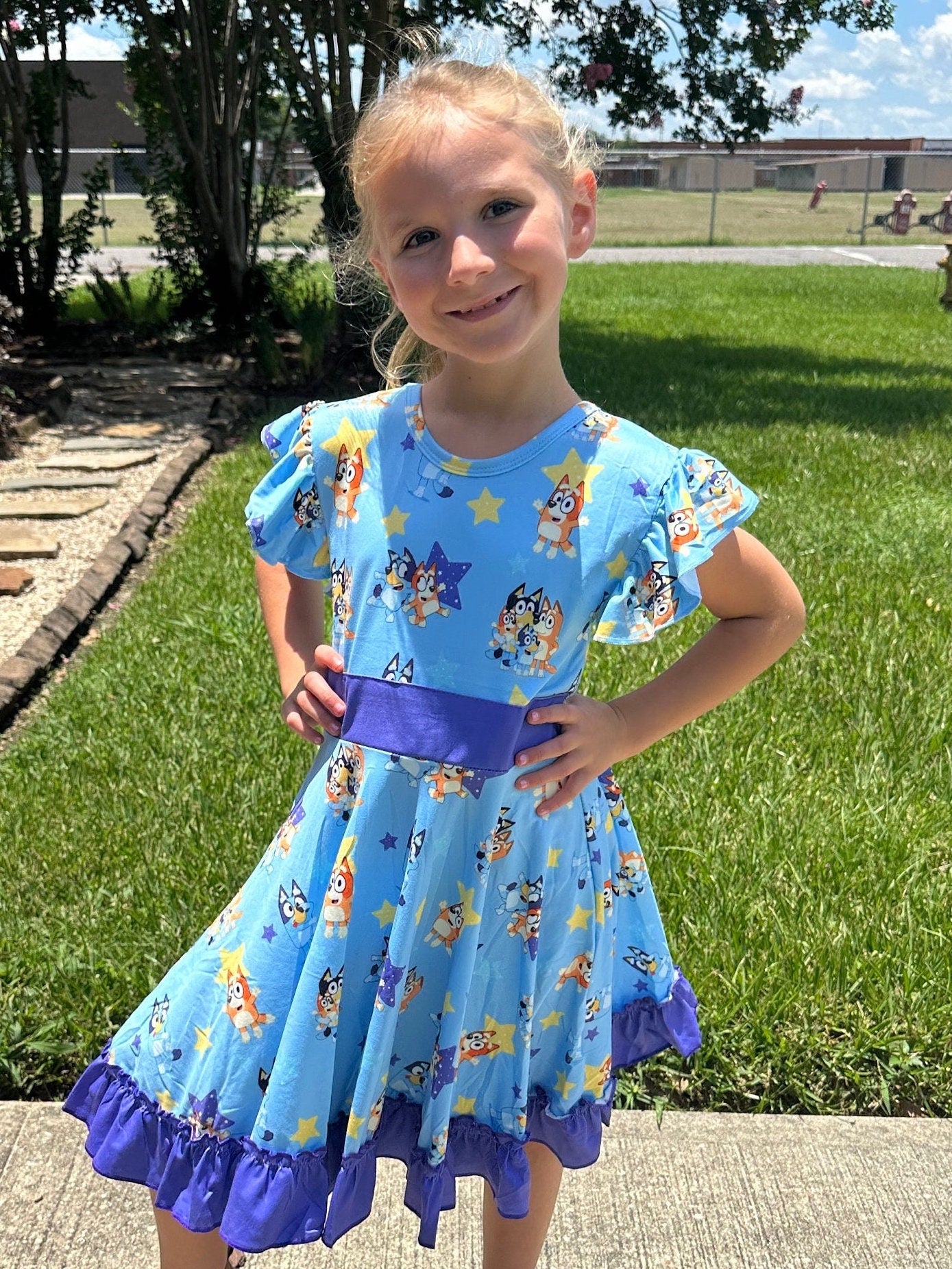 Blue dog and stars bow back twirl dress with shorts