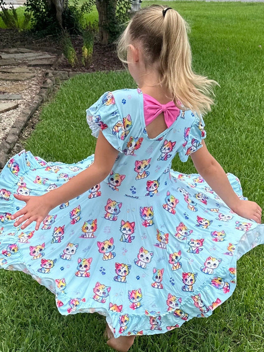 Rainbow Kitties Bow Back Twirl Dress