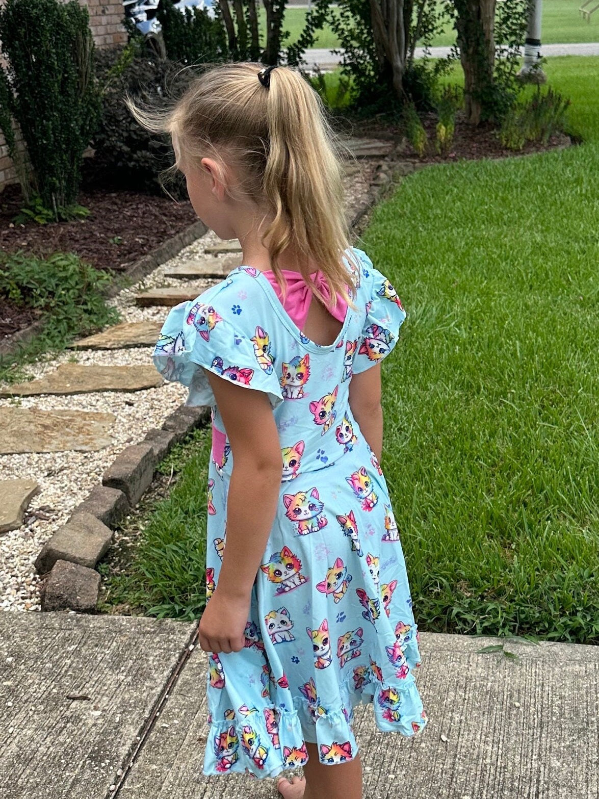 Rainbow Kitties Bow Back Twirl Dress