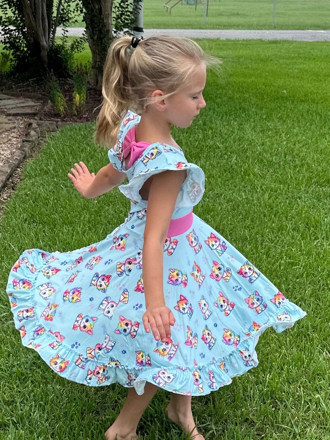 Rainbow Kitties Bow Back Twirl Dress