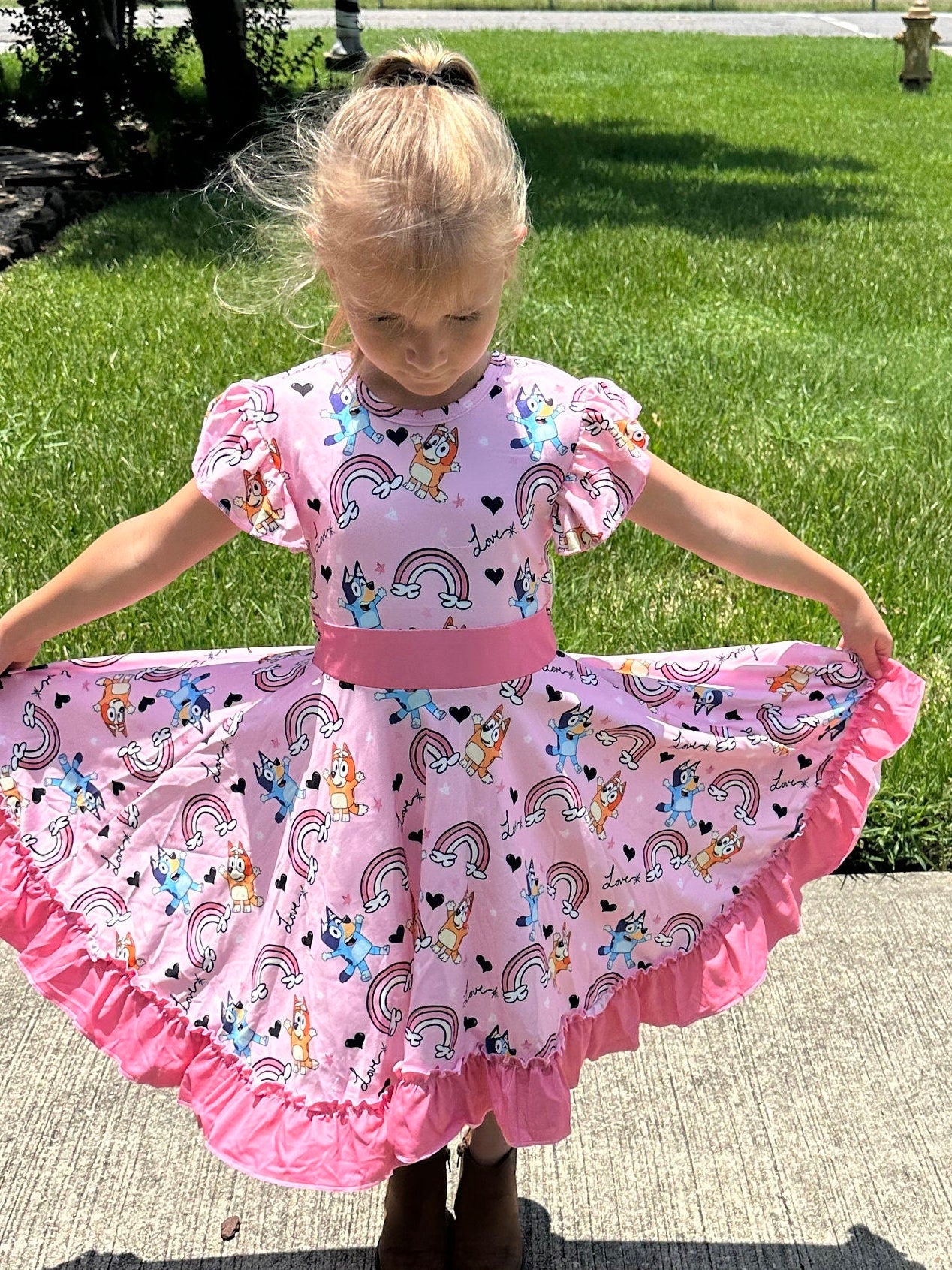 Pink Blue Dog and Rainbows Twirl dress with shorts