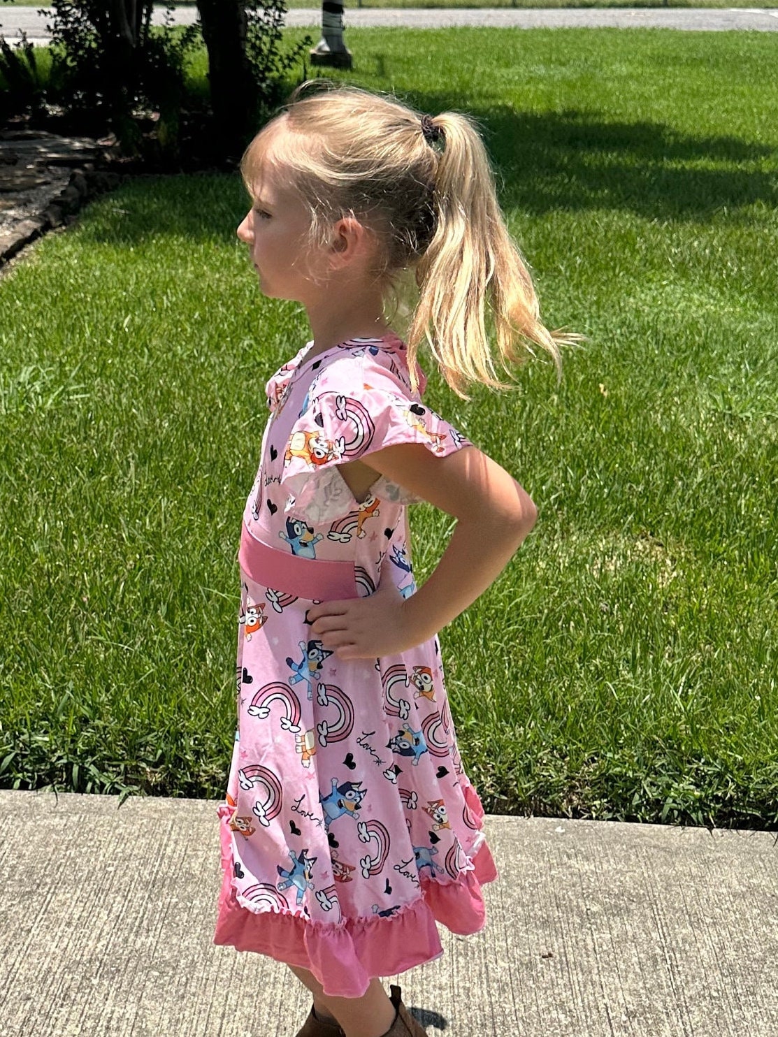 Pink Blue Dog and Rainbows Twirl dress with shorts