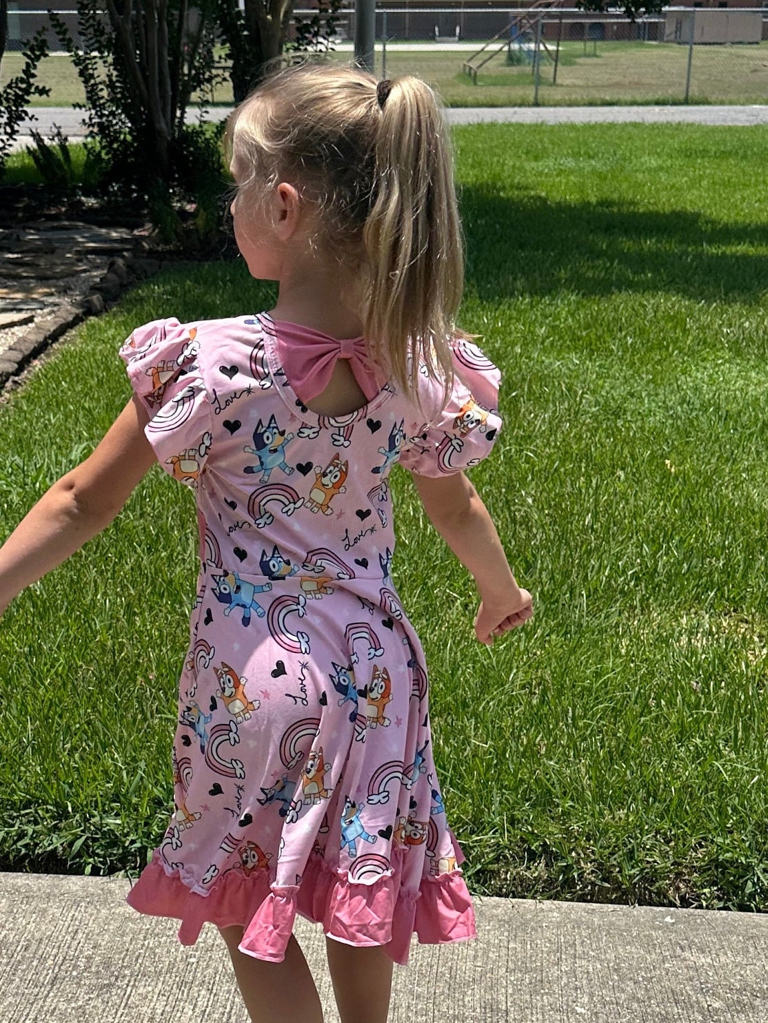 Pink Blue Dog and Rainbows Twirl dress with shorts