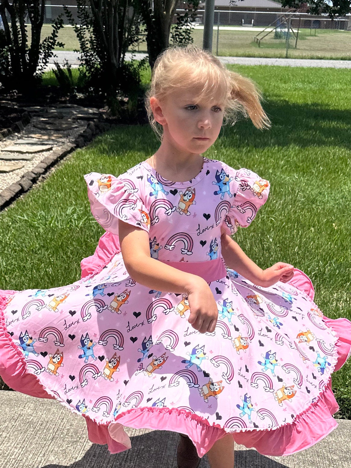 Pink Blue Dog and Rainbows Twirl dress with shorts