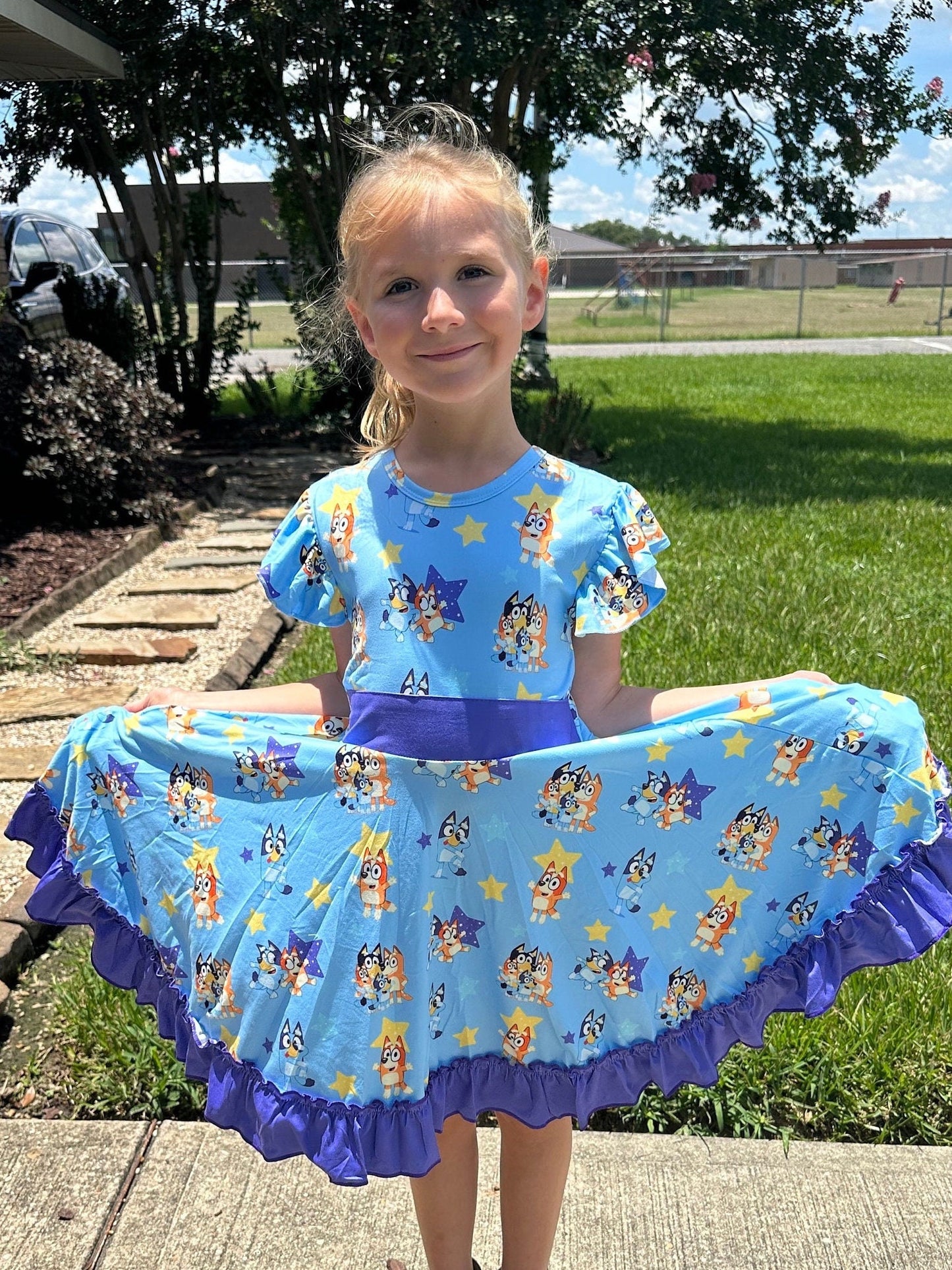 Blue dog and stars bow back twirl dress with shorts