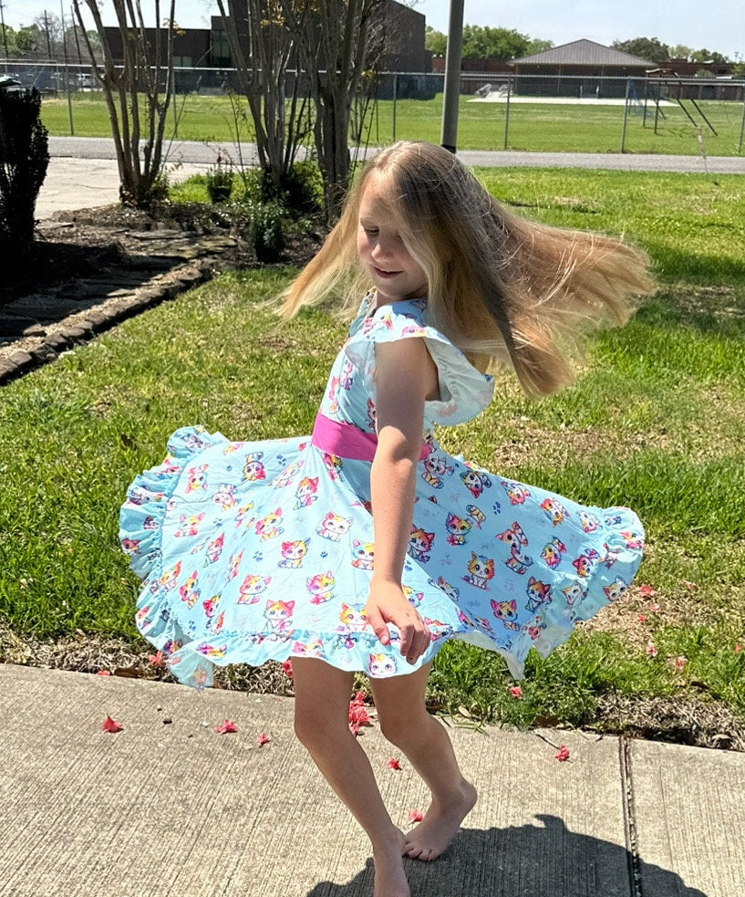 Rainbow Kitties Bow Back Twirl Dress